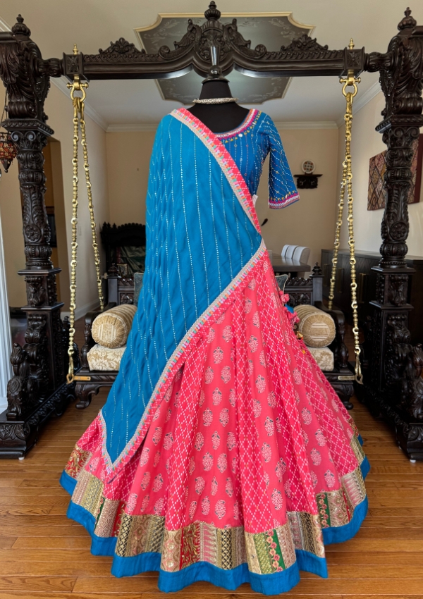 Peach Floral Print Chaniya with Blue Blo